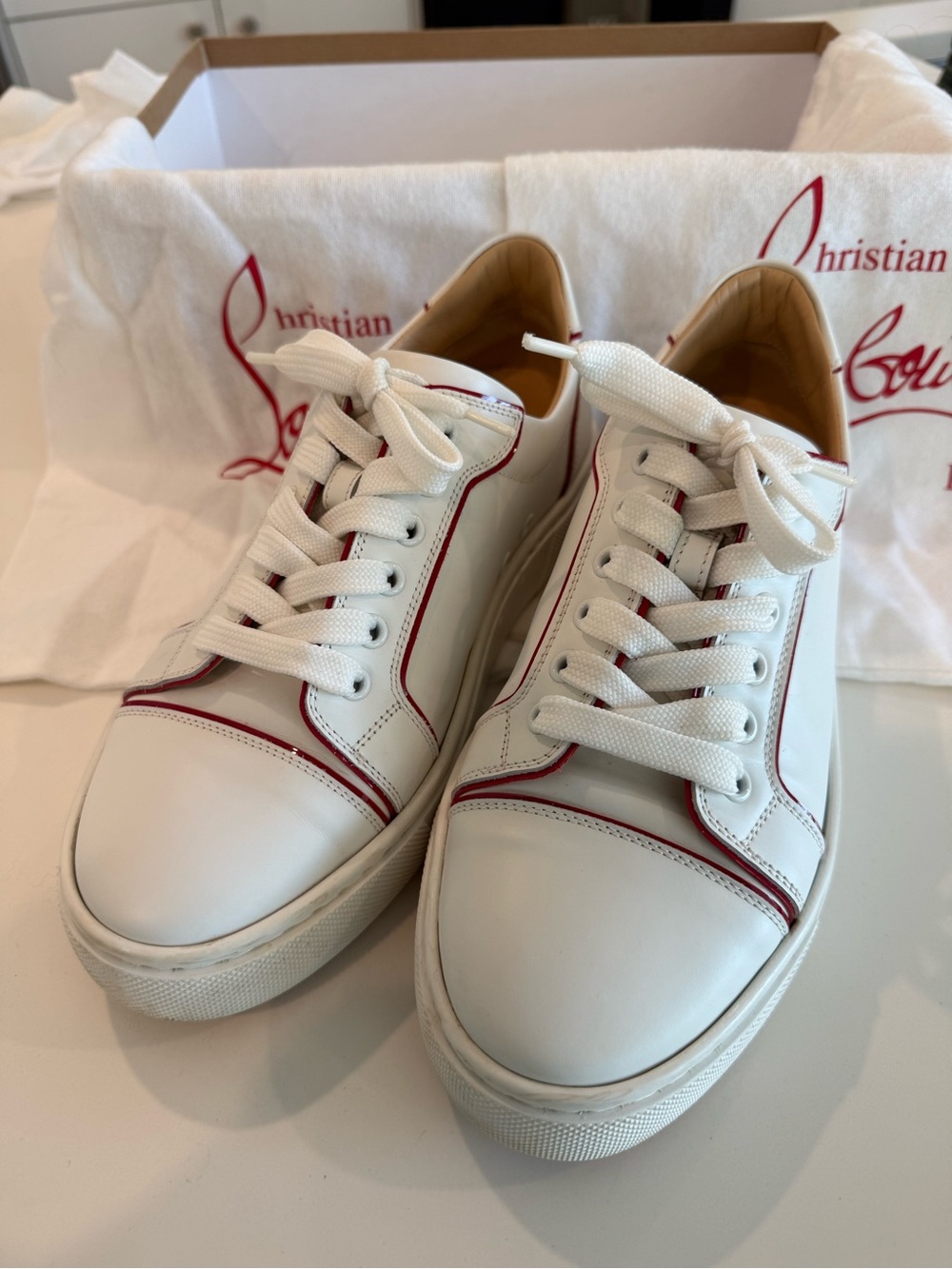 Christian Louboutin White Leather Low-Top Sneakers with Red Piping